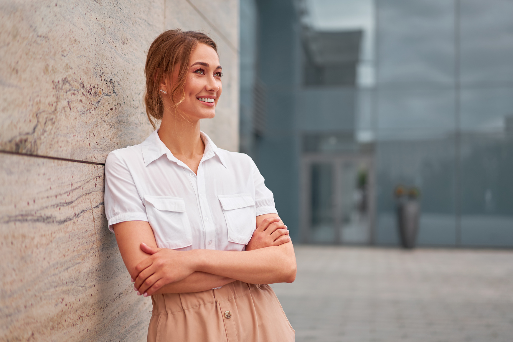 Smiling Woman in Business Casual Outfit Outdoors